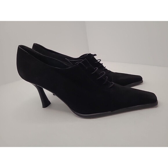 Stuart Weitzman Shoes Womens Size 7M Black Suede Leather Lace Up Oxford Heels - Picture 1 of 9